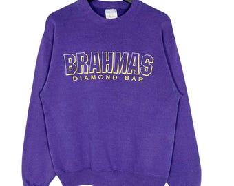 Felpa girocollo vintage anni '90 Brahmas con ricamo a barra diamantata, colore viola, taglia S, prodotta in Messico.