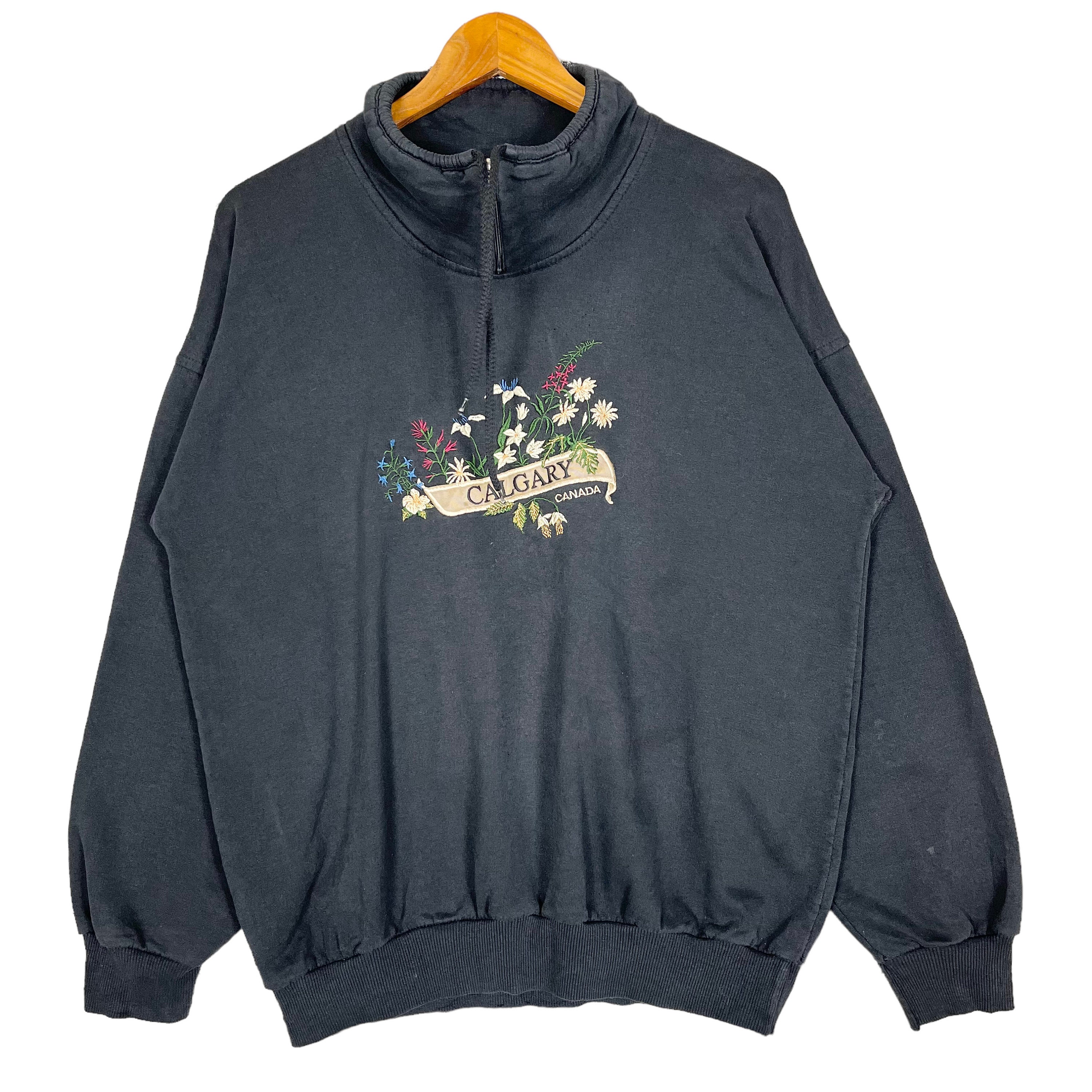 Vintage 80’s Calgary Canada Floral Embroidered Collar Sweatshirt Black Size Large Made in Canada