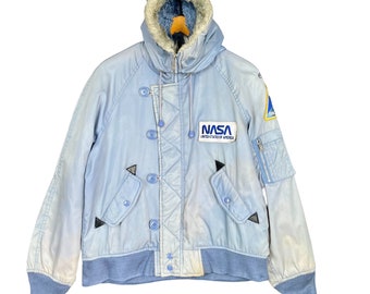 Vintage 90’s NASA Flight Zip Up Furs Hoodie Patches Jacket Faded Blue Size Large Made in USA