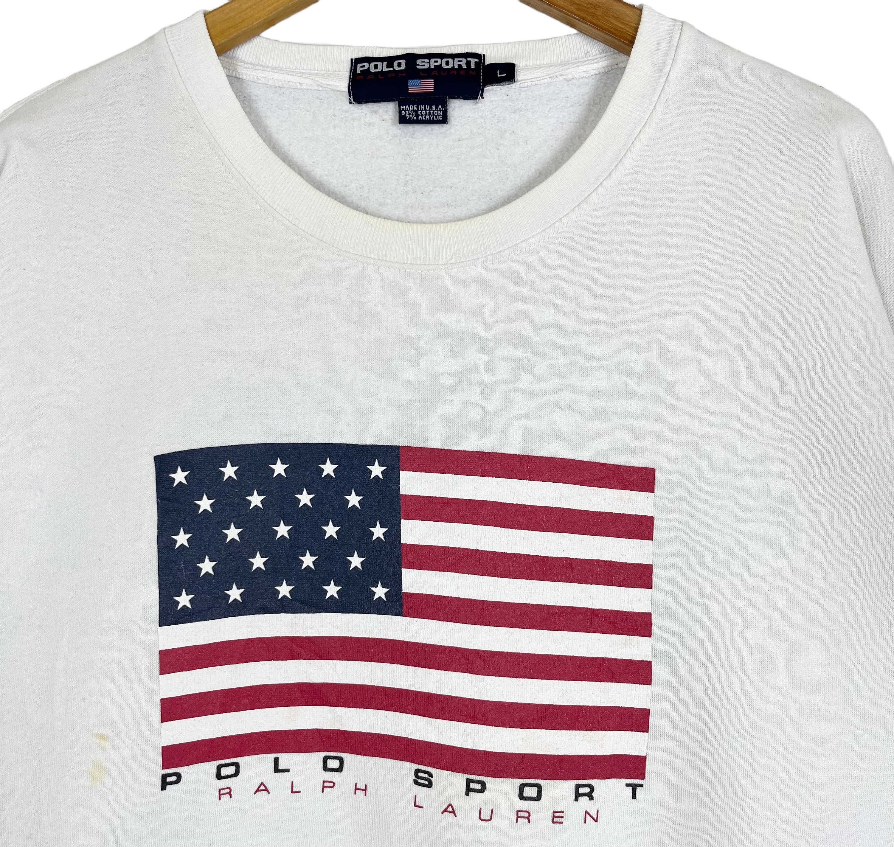 Vintage Polo Sport Ralph Lauren USA Flag Mens Sweatshirt White 