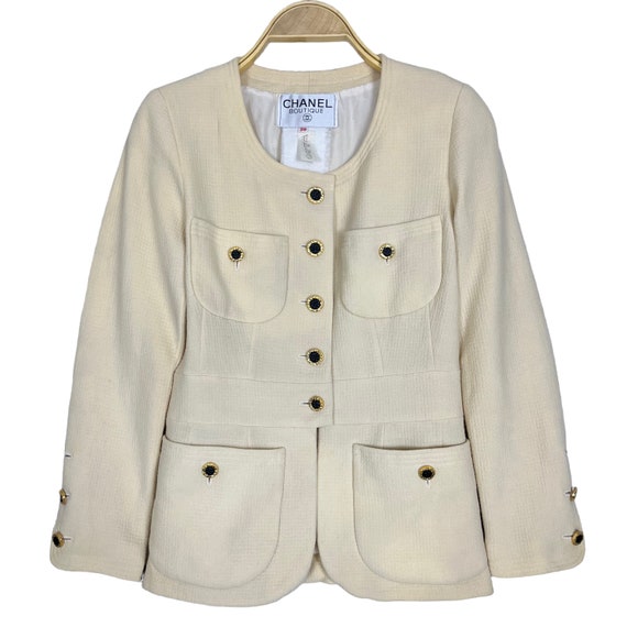 Vintage 80's Chanel Tweed Jacket Gold Brass Button Cream Vintage 80's Chanel Tweed Jacket Gold Brass Button Cream