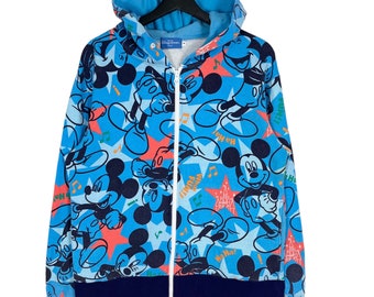 Sudadera vintage Disney Tokyo con capucha, estampado completo de Mickey Mouse, cremallera, algodón azul, talla mediana, fabricada en Japón.