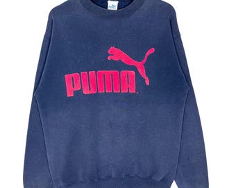 Vintage 90s Puma Sweatshirt Big Spell Out Logo Size M Blue Made in USA
