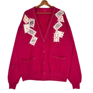 Vintage Spielkarten Gedruckt Button Cardigan Jacke Rot Größe L