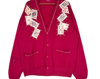 Vintage Playing Cards Printed Button Cardigan Jacket Red Size Large