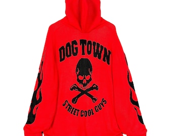 Dogtown Streetwear Skates Brand Vändbar Stickad Fleecejacka Röd Grå Storlek Stor Dödskalledesign