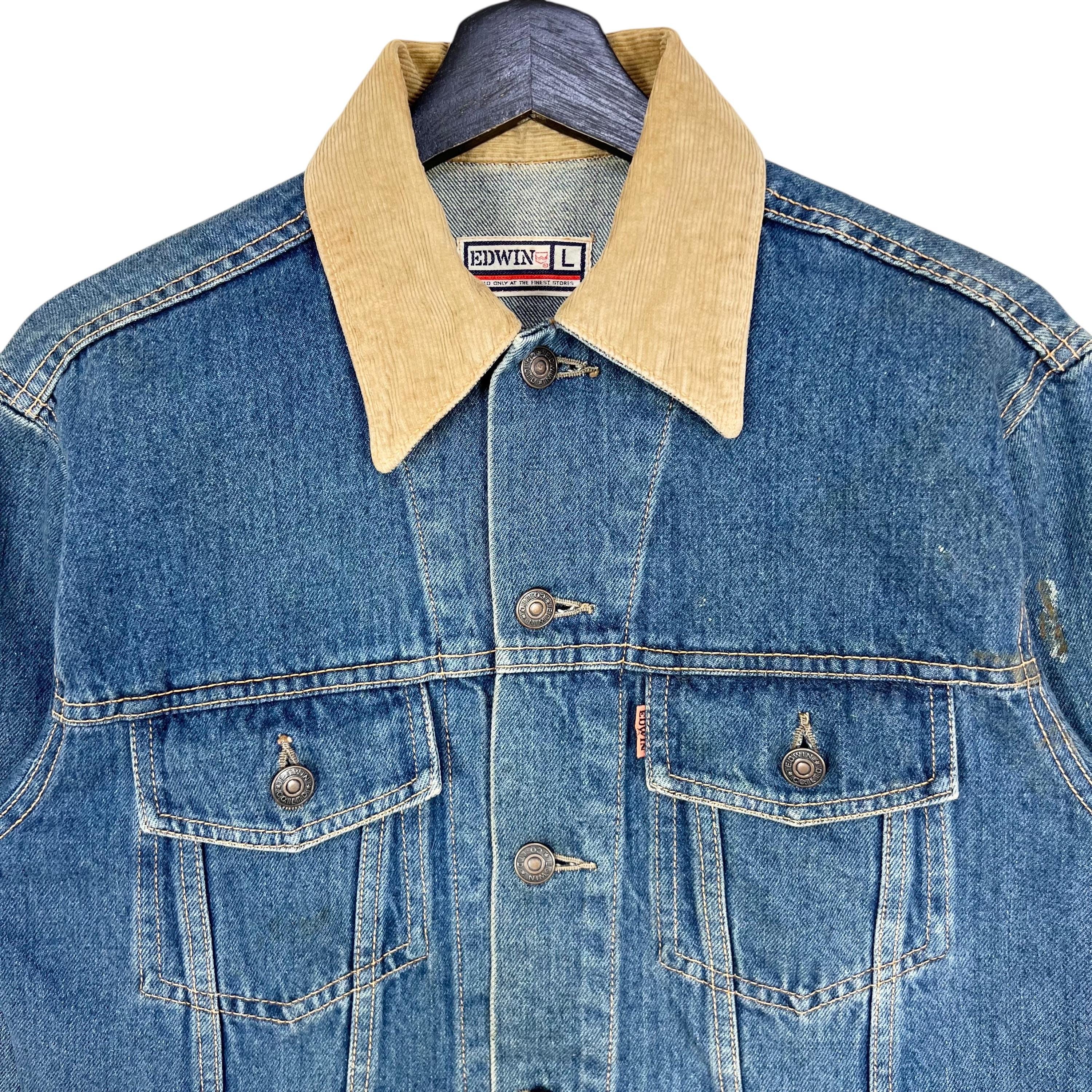 Vintage Edwin Denim Trucker Jacket Corduroy Collar Size L Made in