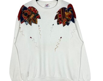 Felpa vintage anni '80 Native con imbottitura sulle spalle e decorazioni rosse, bianche e rubino, taglia XL, Made in USA.