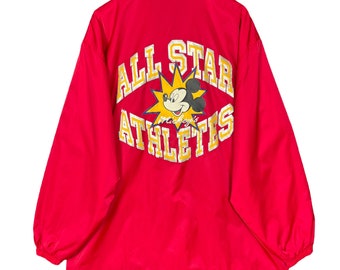 Vintage 90’s Tokyo Disneyland Mickey Mouse All Star Athlete Coach Jacket Snap Button Red Size Large Made in Japan