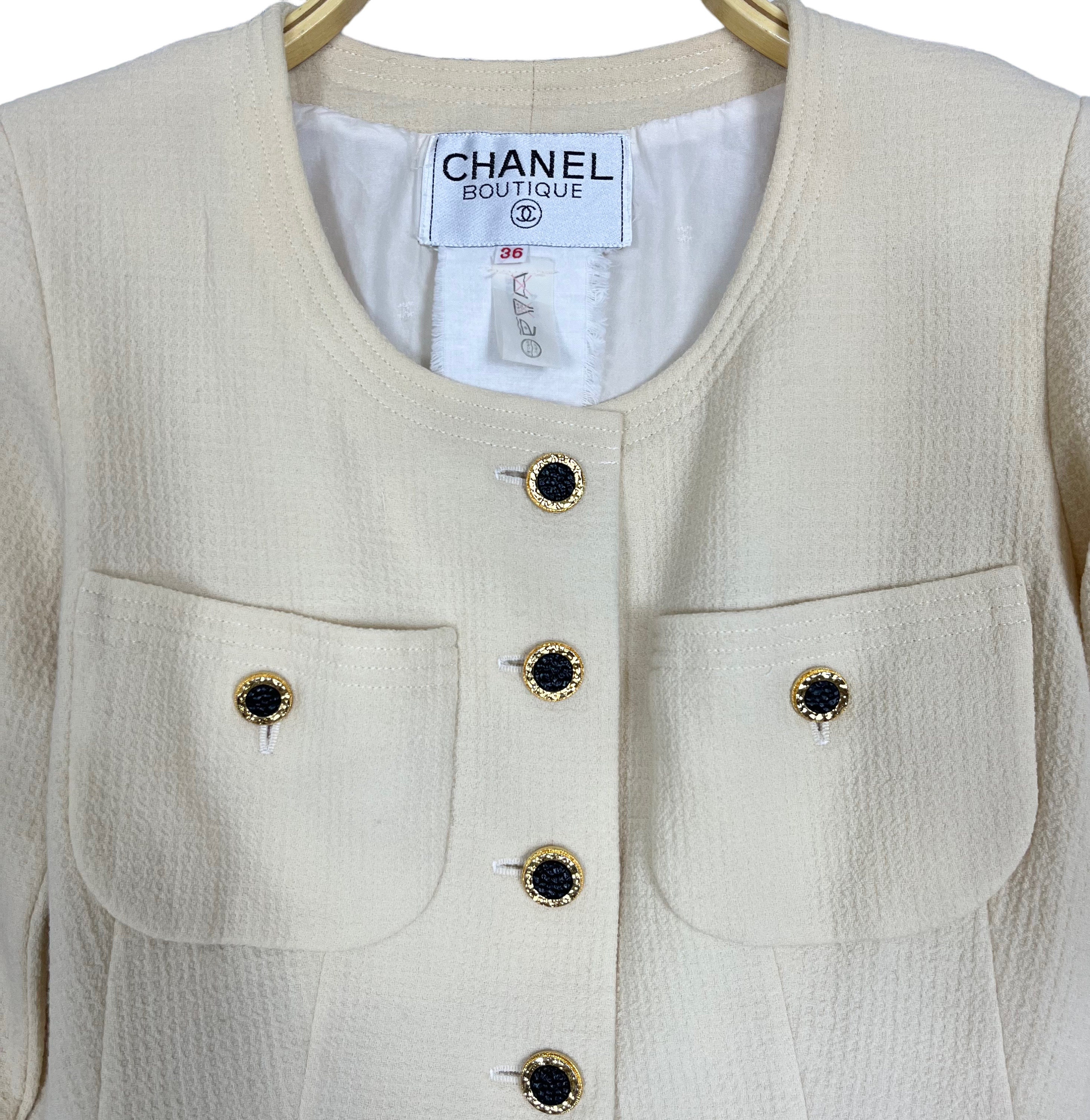 Vintage 80's Chanel Tweed Jacket Gold Brass Button Cream Vintage 80's Chanel Tweed Jacket Gold Brass Button Cream