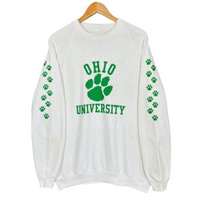 Vintage 80’s Ohio University Sleeve Print Crewneck Sweatshirt Jumper White With Green Print Size Extra Large Made in USA