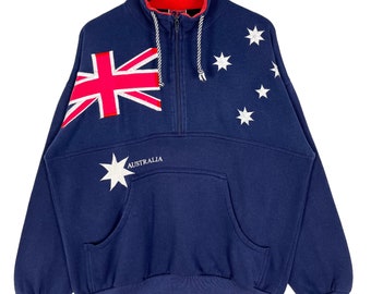 Vintage 90’s Australia Half Zipper Anorak Sweatshirt Embroidery Flag Pocket Navy Blue Color Size Large