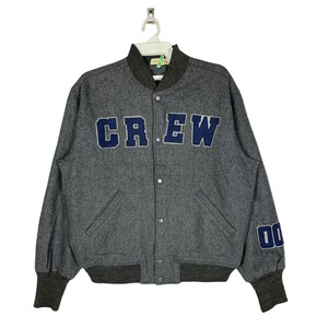 Vintage 90’s Crew Varsity Jacket Patches Snap Button Japanese Brand Streetwear Grey Size Large Made in Japan