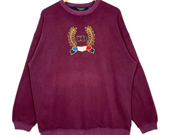 Felpa girocollo vintage Christian Dior Monsiour con logo grande ricamato, di lusso, colore bordeaux, taglia L.