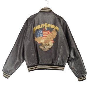 Vintage Harley Davidson Embroidery Big Logo Leather Bikers Jacket Black Size Large Made in USA