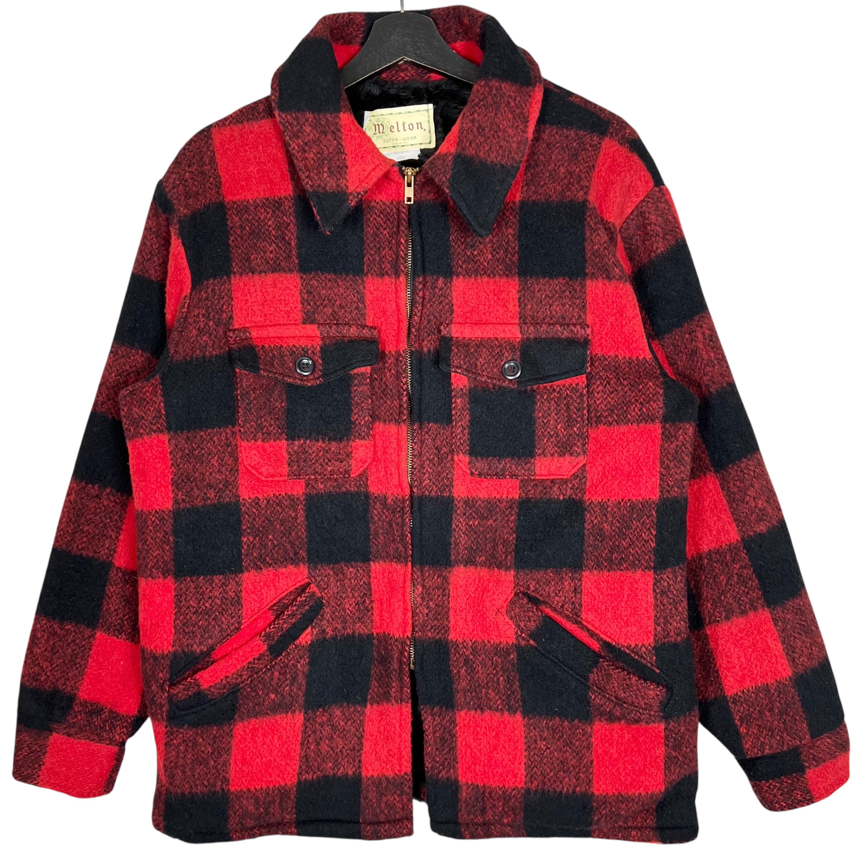 Vintage 90s Melton Checkered Zipper Winter Jacket Red Black Color