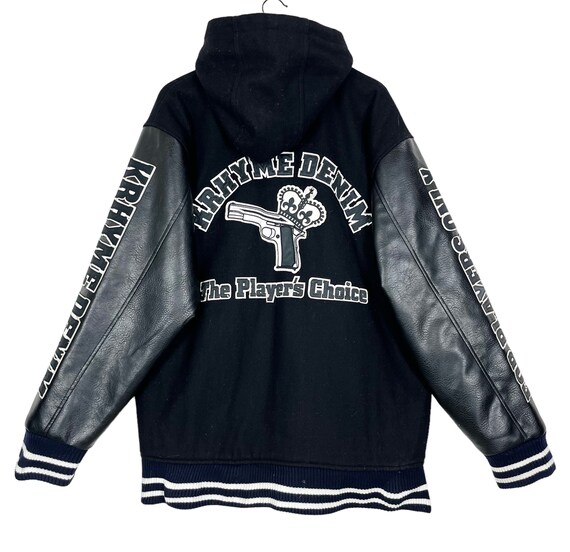 Krhyme Denim Leather Sleeve Hoodie Varsity Jacket Patches Black 