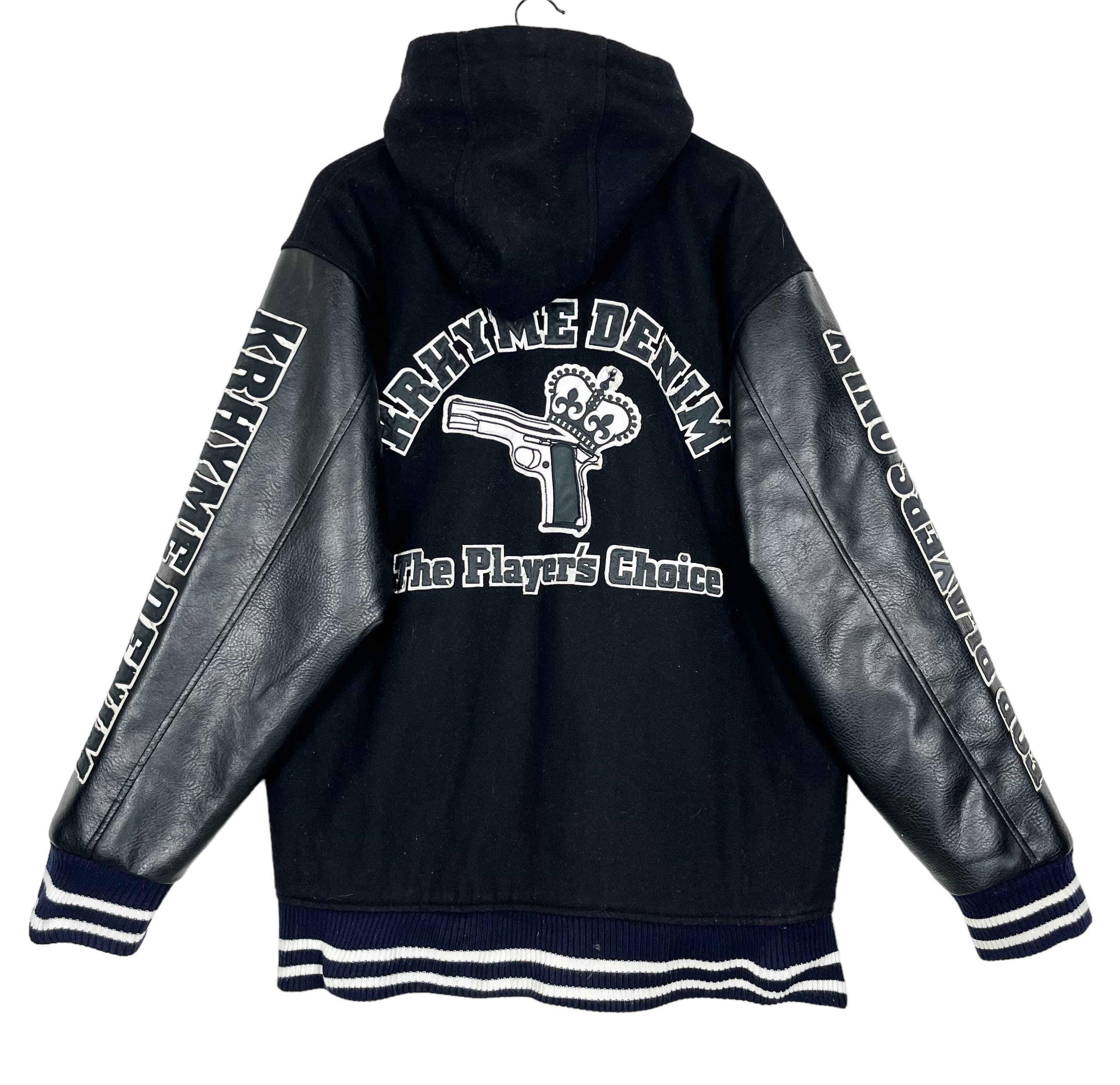 Krhyme Denim Leather Sleeve Hoodie Varsity Jacket Patches Black 