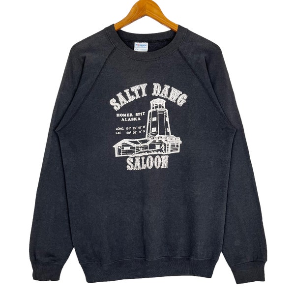 Vintage 80’s Salty Dawg Saloon Cowboy Design Crewneck Sweatshirt Raglan Jumper Black Size Medium Made in USA