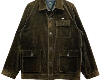 Vintage 90’s Lacoste Corduroy Chore Jacket Designer Luxury Brand Olive Green Size Medium Made in Japan