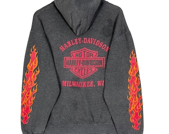 Vintage 80s 90s Harley Davidson Flames Milwaukee Pullover Hoodie Sweater Gray Size Medium Made in USA