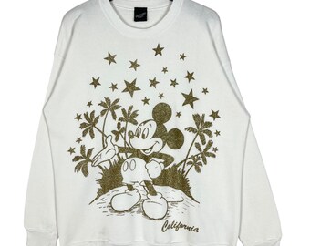 Vintage 90-tals Musse Pigg Kalifornien glittertryckt tröja med diamanter Storlek L XL Vit Tillverkad i USA Disney klassisk tecknad film