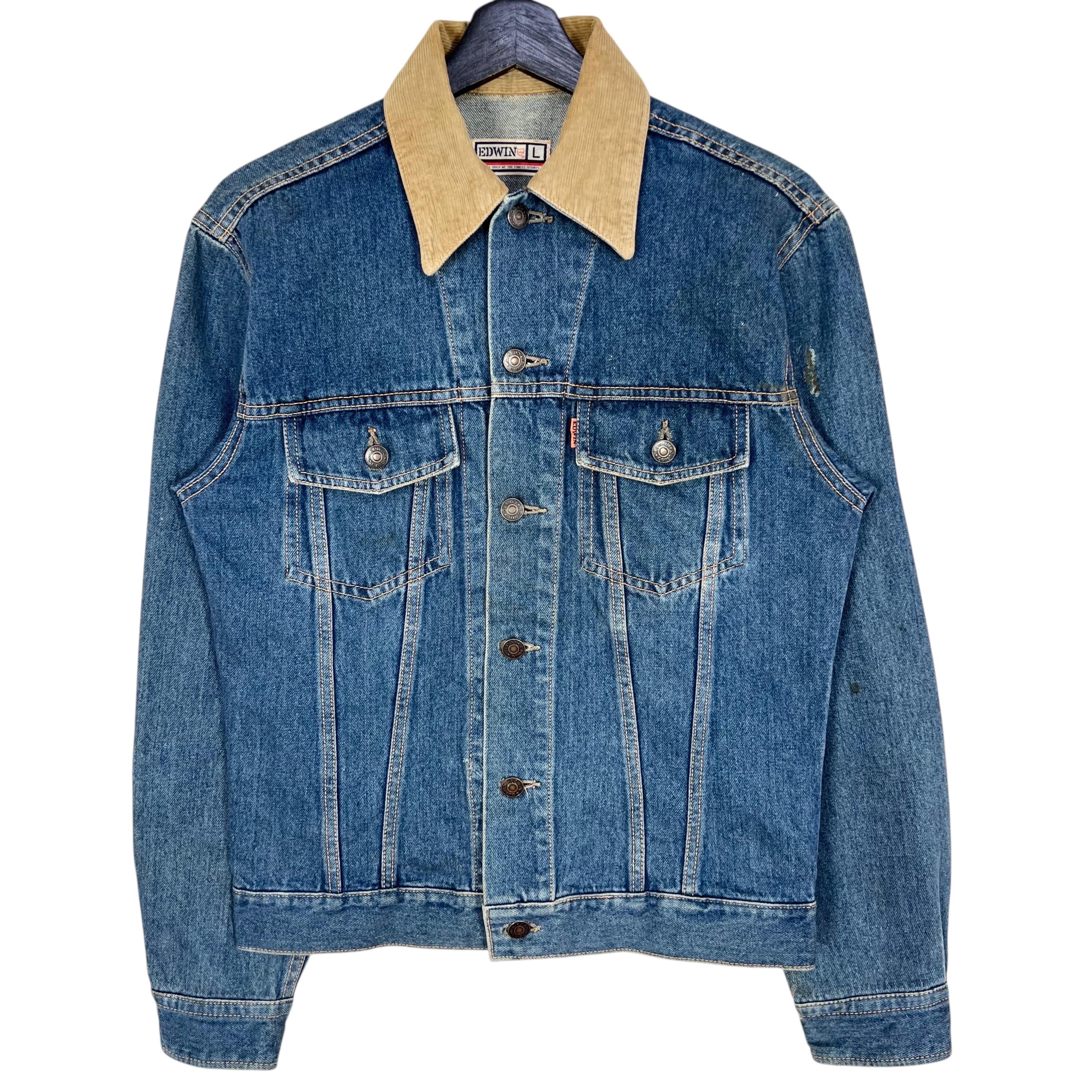 Vintage Edwin Denim Trucker Jacket Corduroy Collar Size L Made in