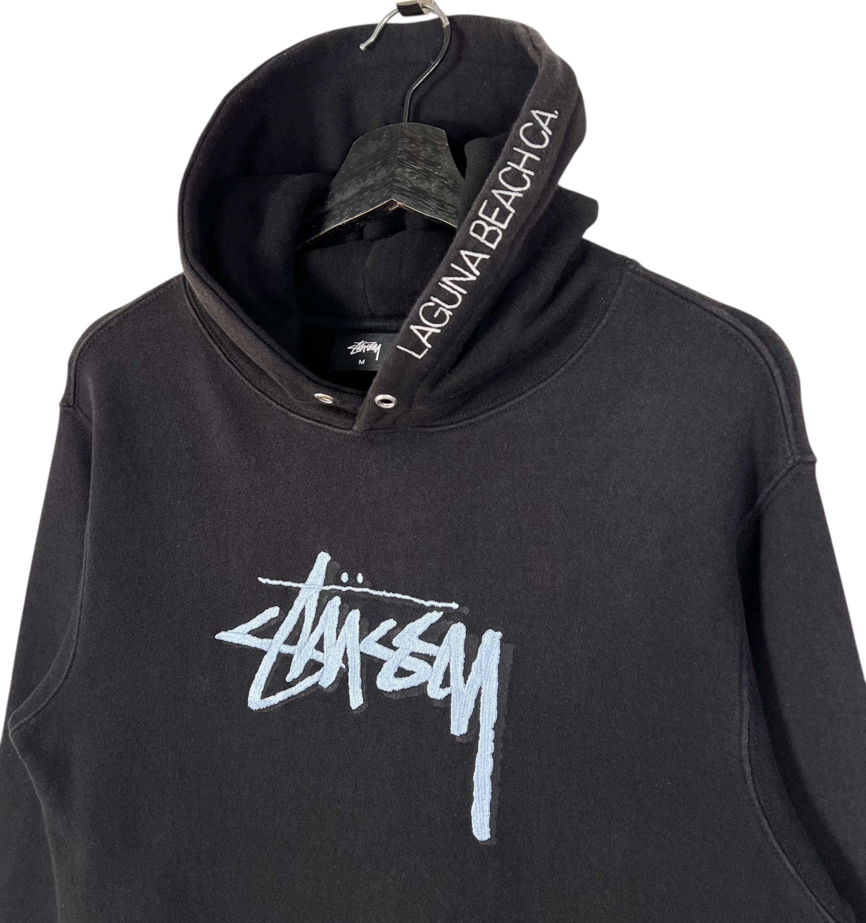 Stussy Laguna Beach CA Pullover Hoodie Embroidery Big Logo Black