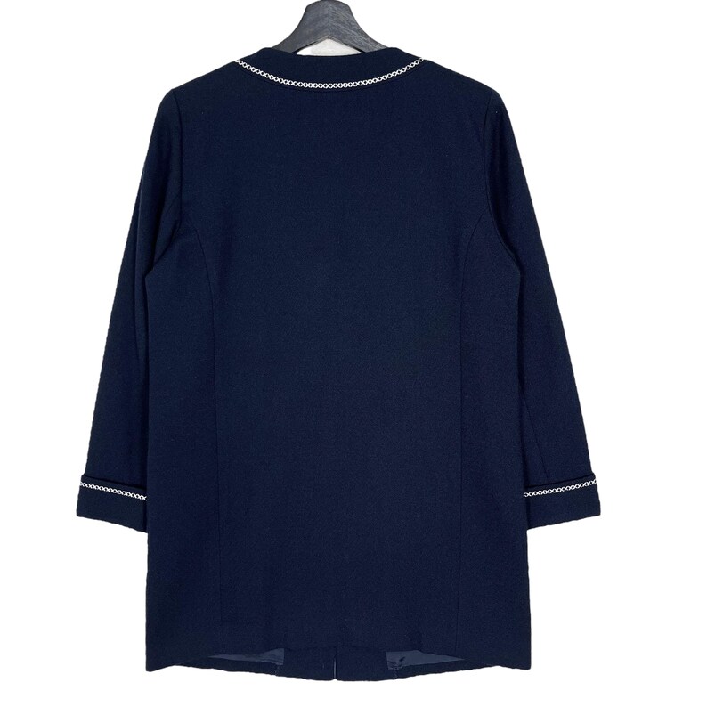 May include: A navy blue long-sleeved blazer with a white chain trim around the collar and cuffs.