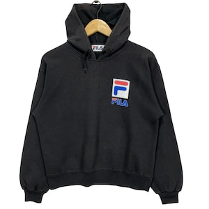 Fila Streetwear Athletic Brand Big Logo Pullover Hoodie Sweater Black Size Large