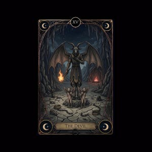 Puede incluir: Una carta de tarot titulada The Devil, marcada con XV, que muestra una figura alada y con cuernos sosteniendo una antorcha en una cueva oscura. Dos criaturas aladas más pequeñas están a sus pies sobre suelo agrietado, rodeadas de cadenas.