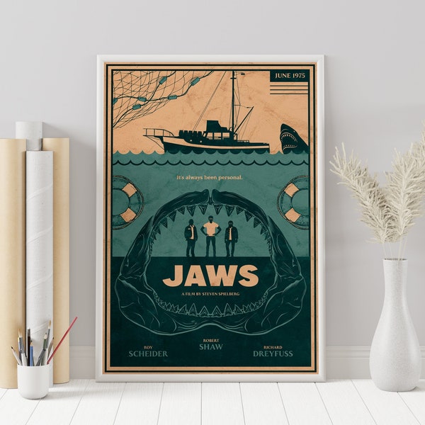 Jaws Poster - Jaws - Steven Spielberg - Cartel de película minimalista - Impresión de arte retro vintage - Cartel personalizado - Impresión de arte de pared - Decoración del hogar