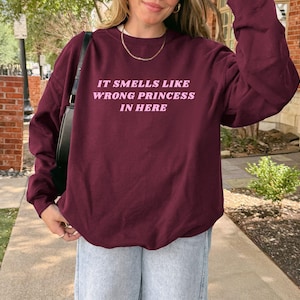 May include: A burgundy sweatshirt with the text "IT SMELLS LIKE WRONG PRINCESS IN HERE" in pink. The crew neck sweatshirt is a solid colour. The person is wearing light blue jeans and a black bag. The background shows a brick wall.