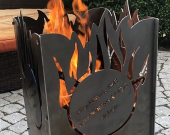 Individual fire basket made of sheet steel (with flame) with your desired personalization (logo, motif or saying)