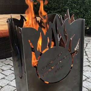 Individual fire basket made of sheet steel (with flame) with your desired personalization (logo, motif or saying)