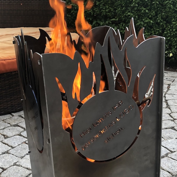 Individueller Feuerkorb aus Stahlblech (mit Flamme) mit Ihrer Wunschpersonalisierung (Logo, Motiv oder Spruch)