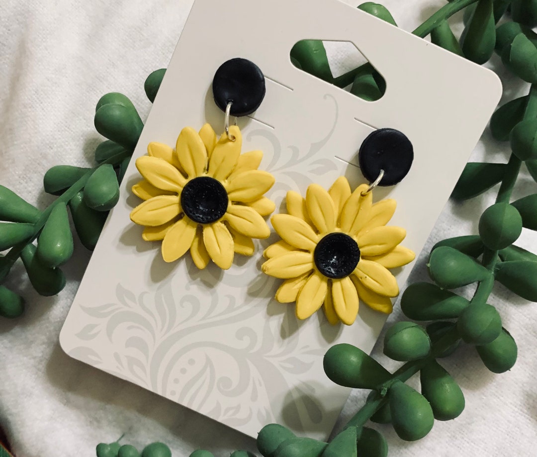 Sunflower Clay Earrings Clay Sunflower Dangles Yellow and Black Clay Earrings Fall Clay Earrings