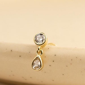 14K Solid Gold Duet Bezel Set Dangle Stud Earring, Screw Flat Back Earring, Tragus Earring, Cartilage Screw Ball Back Dangle Earring
