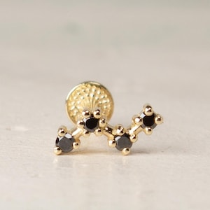 Black Diamond 14K Solid Gold Zig Zag Helix Earring, Screw Flat Back Earring, Screw Ball Back Earring