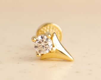 Spike CZ 14K Solid Gold Screw Back Stud Earring, Helix Cartilage Piercing