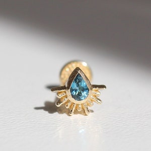 London Blue Topaz - 14 Karat Solid Gold Tragus Piercing, Helix Piercing, Flat Back Internally Threaded Cartilage Piercing