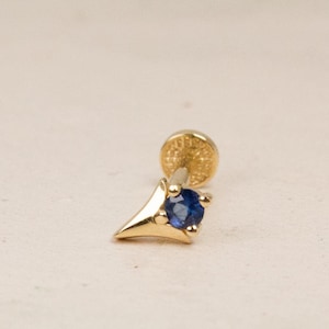 Genuine Navy Blue Sapphire § 14K Solid Gold Spike Stud Earring, Tragus Earring, Screw Flat Back Second Hole Earring, Helix Piercing