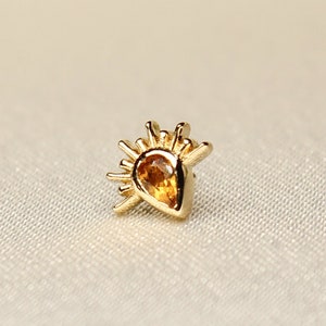 Citrien 14 kt massief gouden stud platte achterkant piercing, binnenschroefdraad, tragusoorbel