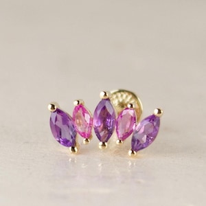 Amethyst §Pink Saphir Marquise Edelsteine 14K Solid Gold gebogene Knorpel Schraube Flache Rück Ohrring, Conch Ohrring, Helix Piercing Schmuck