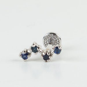 14K Solid White Gold & Indigo Sapphire Screw Back Stud Cartilage Earring, Zigzag Piercing Stud, Single Helix Earring