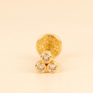 14K Solid Gold Tiny Trio Bezel CZ Screw Back Piercing Stud, Cartilage Earring, Tragus Earring, Helix Earring