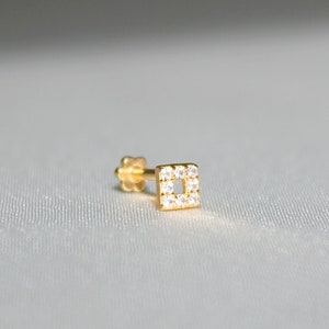 Tiny Square Pave Diamond (CZ) Stud Piercing - 14 Karat Gold Tiny Square CZ Cartilage Piercing, Flat Back Tragus Piercing - Umay Jewelry