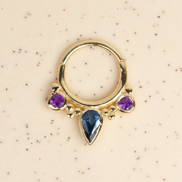 Galaxy Purple Amethyst & Blue Sapphire 14 Karat Solid Gold Septum Clicker, Nose Ring, Hoop Helix Earring, Septum Ring