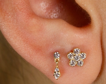 14k Gold Dangle Tragus Piercing Stud, Cubic Zirconia, Screw Back