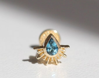 London Blue Topaz - 14 Karat Solid Gold Tragus Piercing, Helix Piercing, Flat Back Internally Threaded Cartilage Piercing